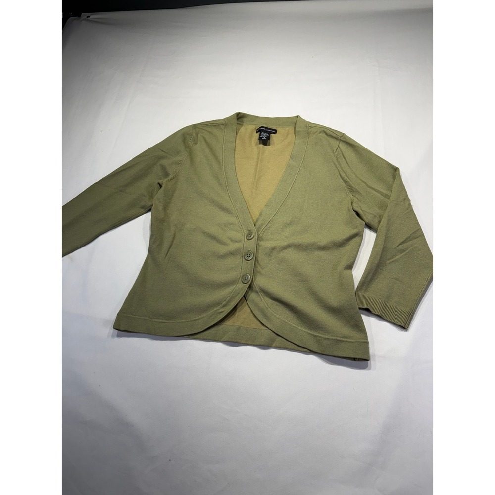 New York & Company Olive Green Silk Blend V-Neck Button Front Cardigan Small